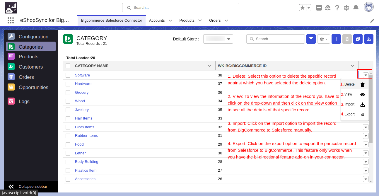Row Actions in eshopsync for BigCommerce